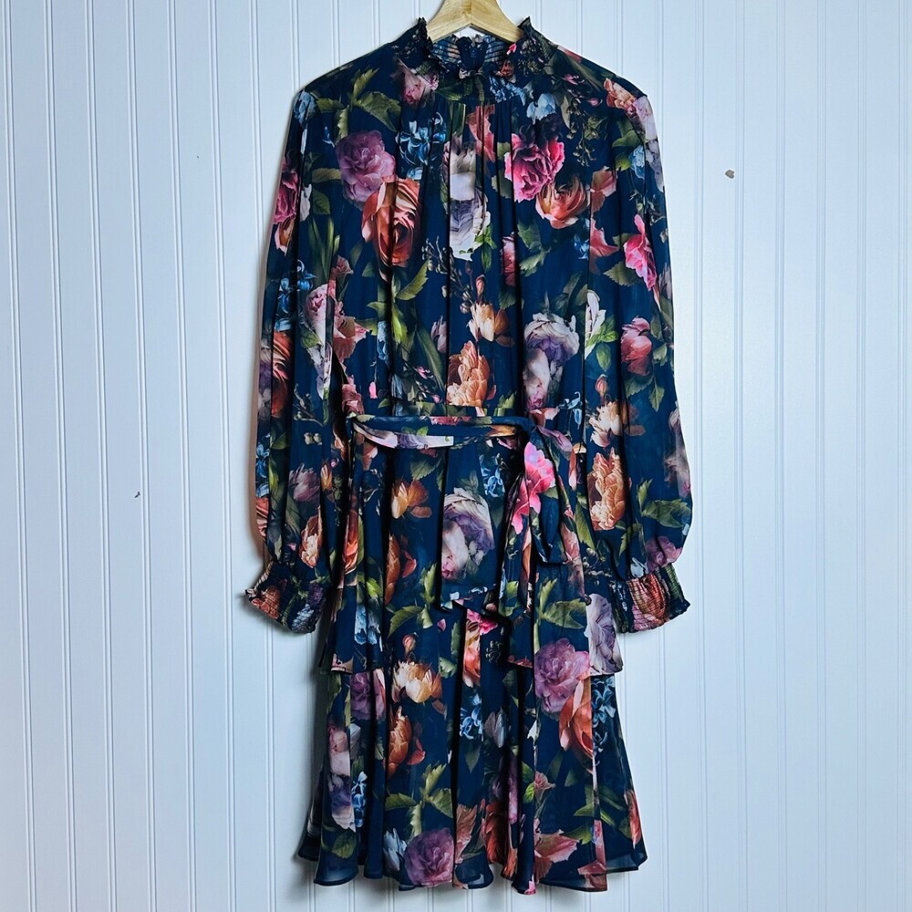 Alex Marie Navy Floral Slit Sleeve Mini Dress Size 16 Mock Neck Back Zipper